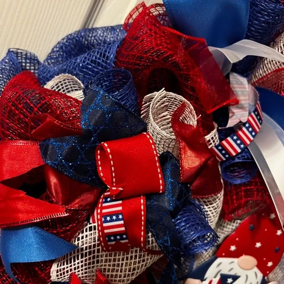 Handmade, Red, White & Blue Gnome Wreath, fourth of July